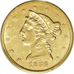 1866 $5 AU53 PCGS. Since gold coins did not circulate 