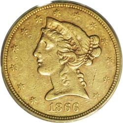 1866-S $5 Motto XF45 PCGS. First year of the With Mott 