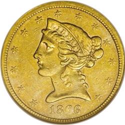 1866-S $5 Motto AU50 NGC. In 1866, the motto IN GOD WE 