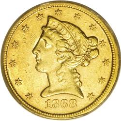 1868-S $5 AU53 PCGS. Sharply struck and nearly fully l 
