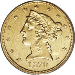 1870-S $5 AU55 PCGS. The 1870-S half eagle is predicta 