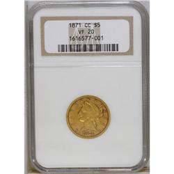 1871-CC $5 VF20 NGC. Variety 1-A. A moderately worn go 
