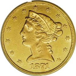 1871-CC $5 AU55 PCGS. Variety 1-A. A pretty coin that 