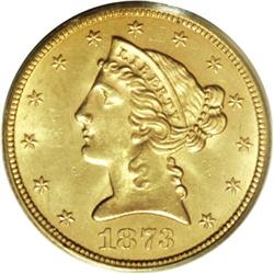 1873 $5 Open 3 MS64 PCGS. Satiny with a refreshingly s 