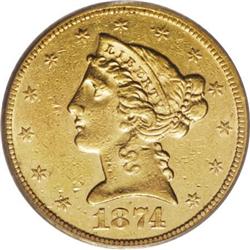 1874 $5 AU53 PCGS. Relatively few 1874 half eagle surv 