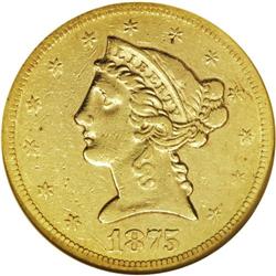 1875-S $5 XF45 NGC. The 1875-S is a scarce issue in al 