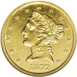 1877-CC $5 AU50 NGC. This rare Carson City half eagle 