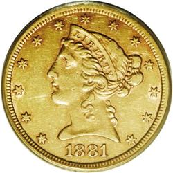 1881-CC $5 AU53 PCGS. This is a fairly well struck exa 