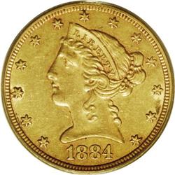 1884-CC $5 AU58 PCGS. Natural green and honey-gold col 