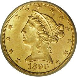 1890-CC $5 MS62 ICG. Fully brilliant yellow-gold surfa 