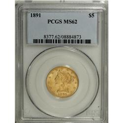 1891 $5 MS62 PCGS. This lustrous wheat-gold example ha 