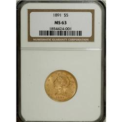 1891 $5 MS63 NGC. Subtly lustrous with rather frosty o 