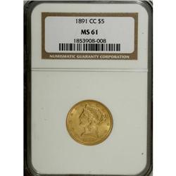 1891-CC $5 MS61 NGC. An attractive orange-gold example 