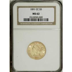 1891-CC $5 MS62 NGC. Well struck with softly frosted l 