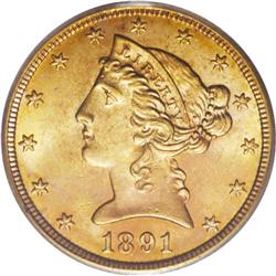 1891-CC $5 MS64 PCGS. The glowing surfaces are lustrou 