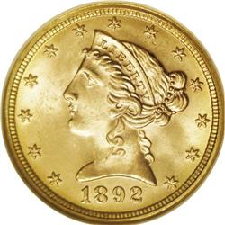 1892 $5 MS66 NGC. This is a sharply impressed piece wi 