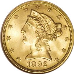 1892 $5 MS67 NGC. Here is an amazing 1892 half eagle w 