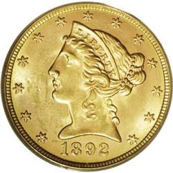 1892-S $5 MS63 PCGS. Most coins of this issue were hea 