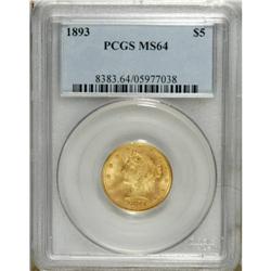 1893 $5 MS64 PCGS. Well struck with frosty straw-gold 