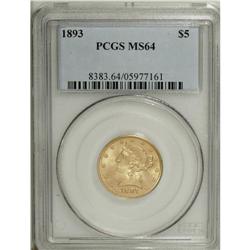 1893 $5 MS64 PCGS. The frosty wheat-gold surfaces of t 