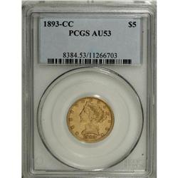 1893-CC $5 AU53 PCGS. Honey-gold surfaces display trac 