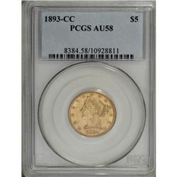 1893-CC $5 AU58 PCGS. This scarce, final-year Carson C 