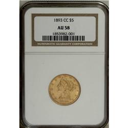 1893-CC $5 AU58 NGC. A suitably struck and appealing y 