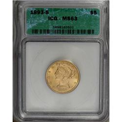 1893-S $5 MS63 ICG. This better date half eagle posses 