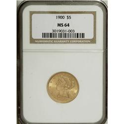 1900 $5 MS64 NGC. Pretty apricot-gold patination revea 