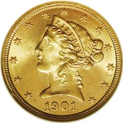 1901 $5 MS66 NGC. The softly frosted mint luster and l 