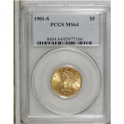 1901-S $5 MS64 PCGS. Solidly struck with honey-gold su 