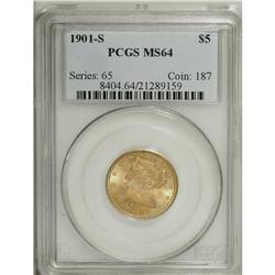 1901-S $5 MS64 PCGS. Steel-green and peach toning ador 
