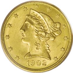 1902 $5 MS65 PCGS. Thick mint luster is this coin''s s 