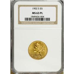 1902-S $5 MS63 Prooflike NGC. HIghly lustrous yellow-g 