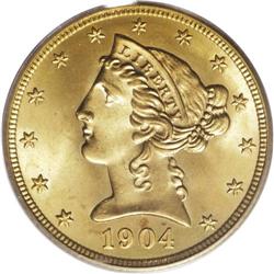 1904 $5 MS67 PCGS. Few Liberty half eagles of any date 