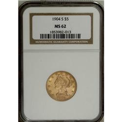 1904-S $5 MS62 NGC. Lustrous surfaces exhibit sharply 
