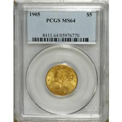 1905 $5 MS64 PCGS. Softly lustrous with excellent defi 