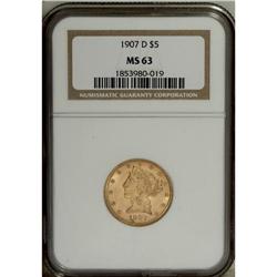 1907-D $5 MS63 NGC. Booming luster bedazzles this soli 