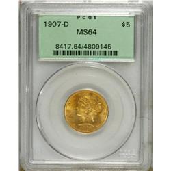 1907-D $5 MS64 PCGS. Choice and highly lustrous with e 
