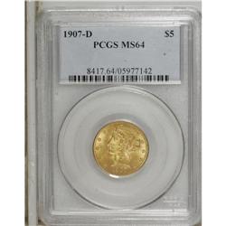 1907-D $5 MS64 PCGS. A frosty near-Gem example from th 