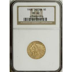 1908 $5 MS62 NGC. The lustrous surfaces are largely go 