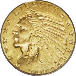 1908-D $5 MS63 PCGS. The pleasing khaki-gold surfaces 