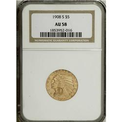 1908-S $5 AU58 NGC. This is a satiny near-Mint example 