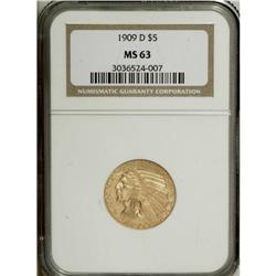 1909-D $5 MS63 NGC. Lustrous peach-gold surfaces displ 