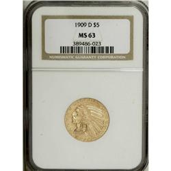 1909-D $5 MS63 NGC. This D-mint five dollar is sharply 