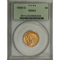 1909-D $5 MS63 PCGS. Rich blushes of orange toning gra 
