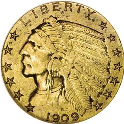 1909-O $5 Weak O XF40 NGC. The mintmark is visible pri 