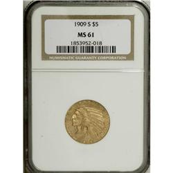 1909-S $5 MS61 NGC. This is a pleasing khaki-gold repr 
