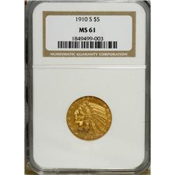 1910-S $5 MS61 NGC. Honey-gold surfaces display sharpl 