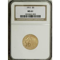 1911 $5 MS61 NGC. Soft luster rests over peach-gold su 